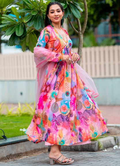 Printed pink Gown With Dupatta