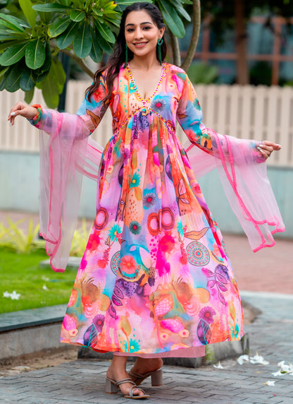 Printed pink Gown With Dupatta