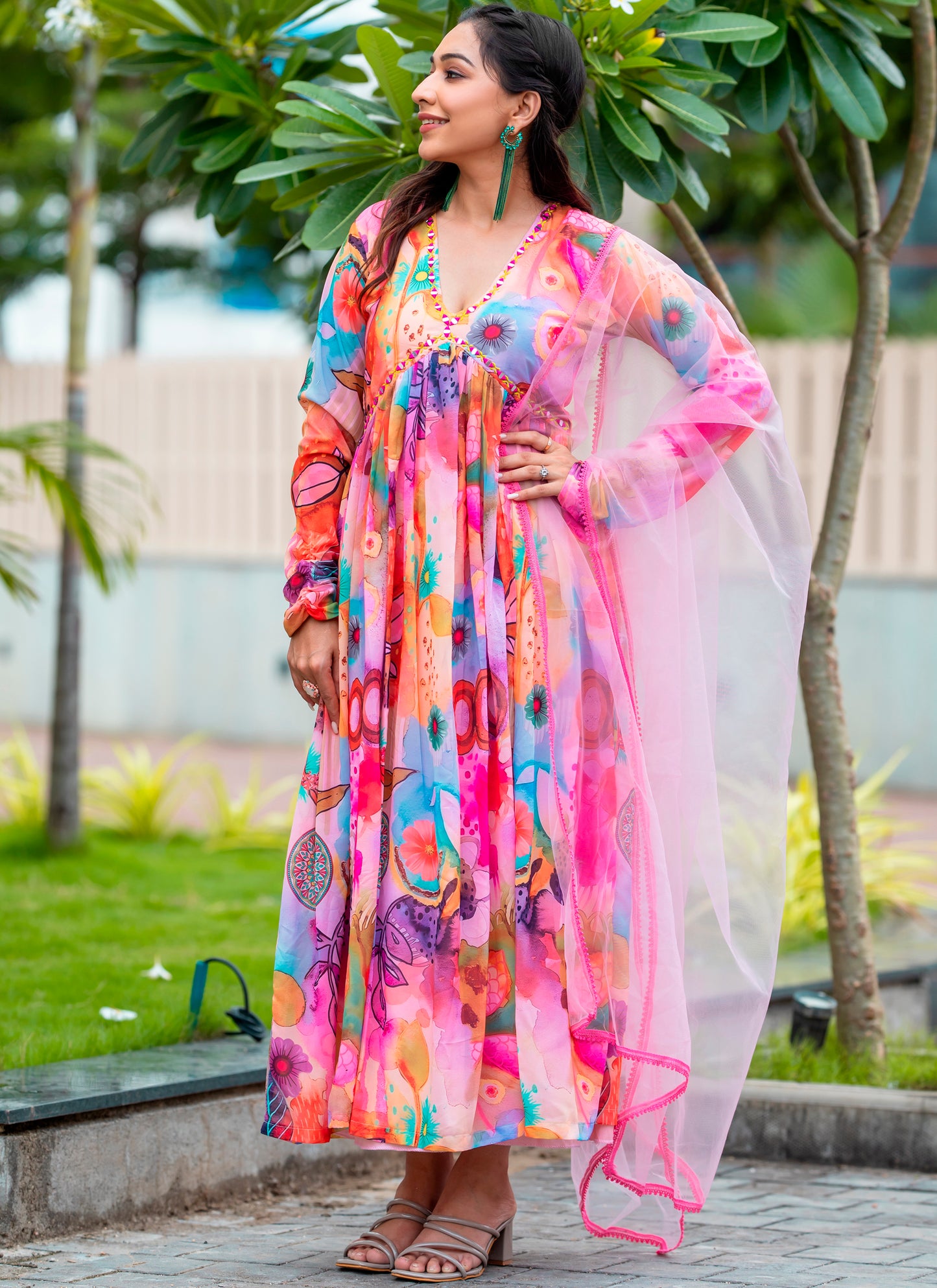 Printed pink Gown With Dupatta