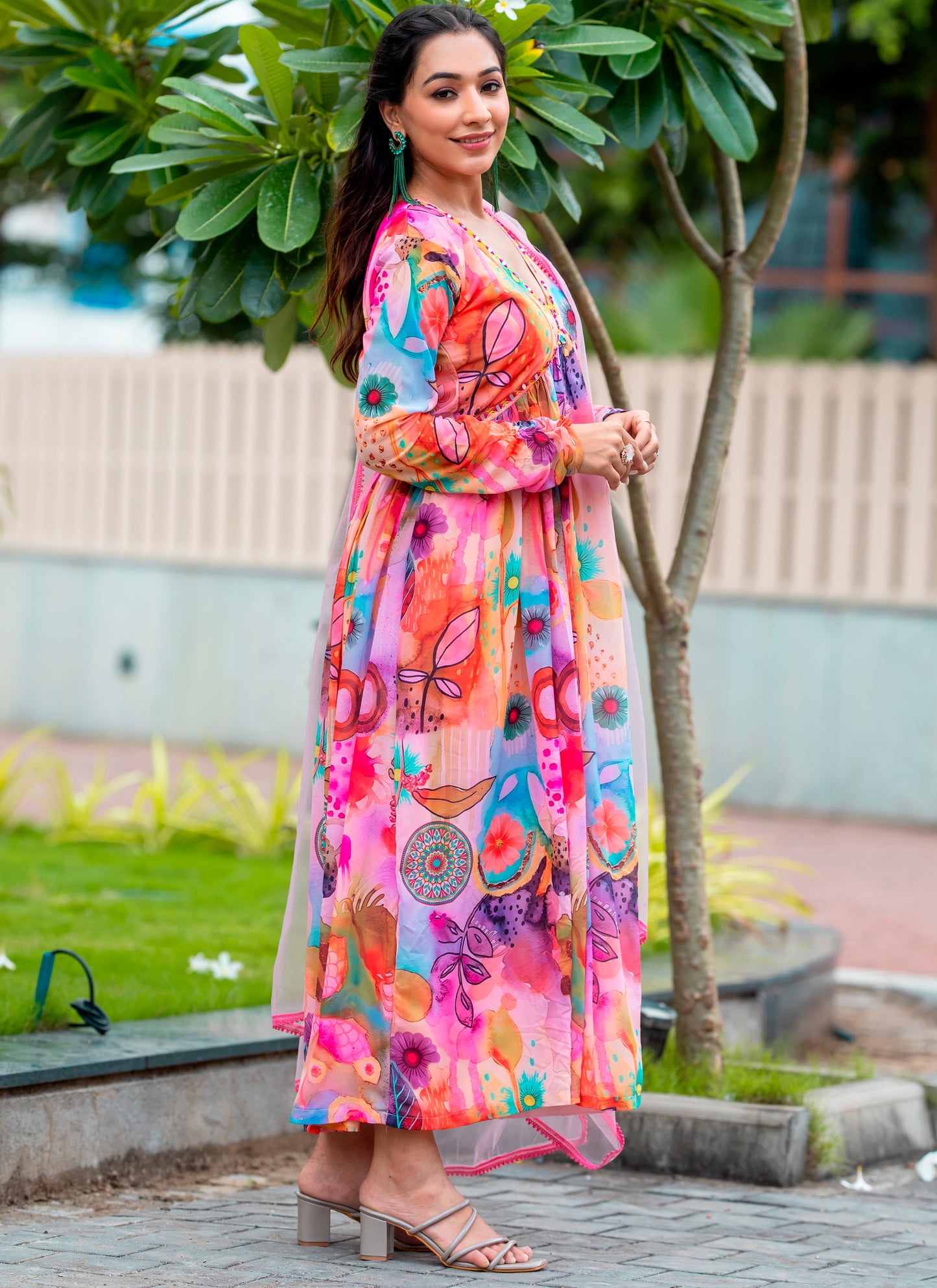 Printed pink Gown With Dupatta