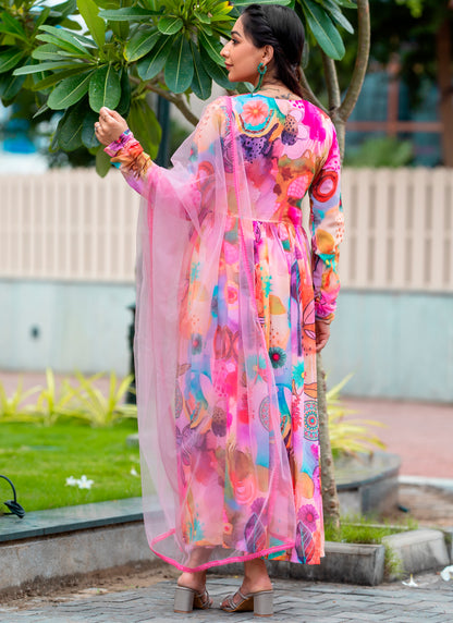 Printed pink Gown With Dupatta