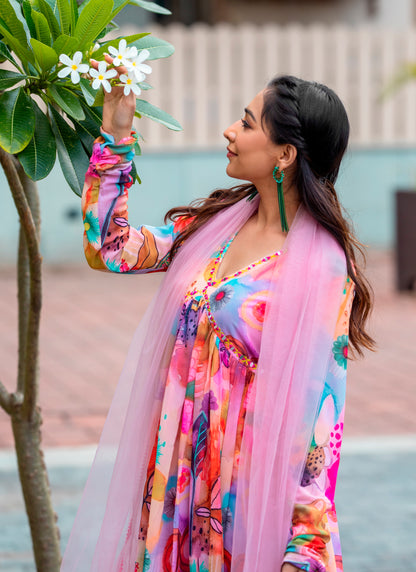 Printed pink Gown With Dupatta