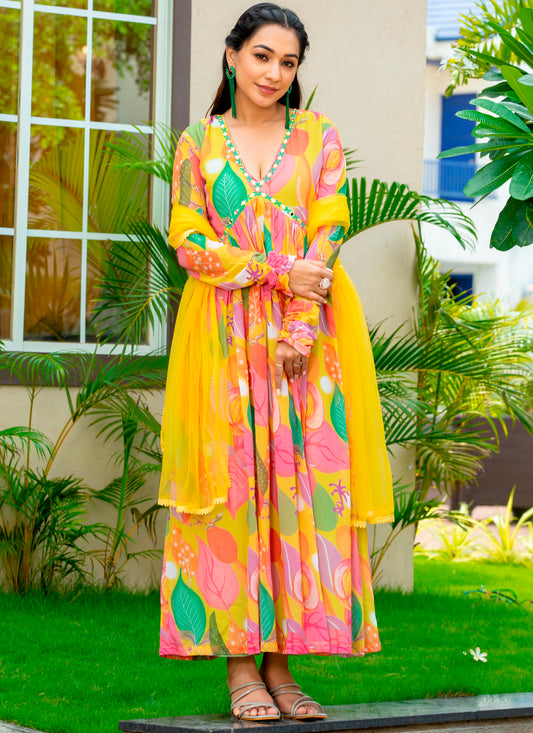 Printed yellow Gown With Dupatta