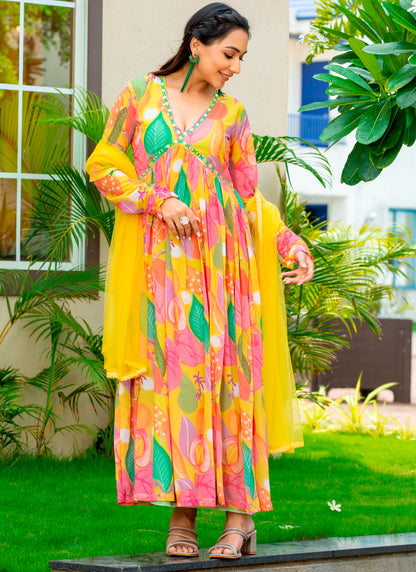 Printed yellow Gown With Dupatta