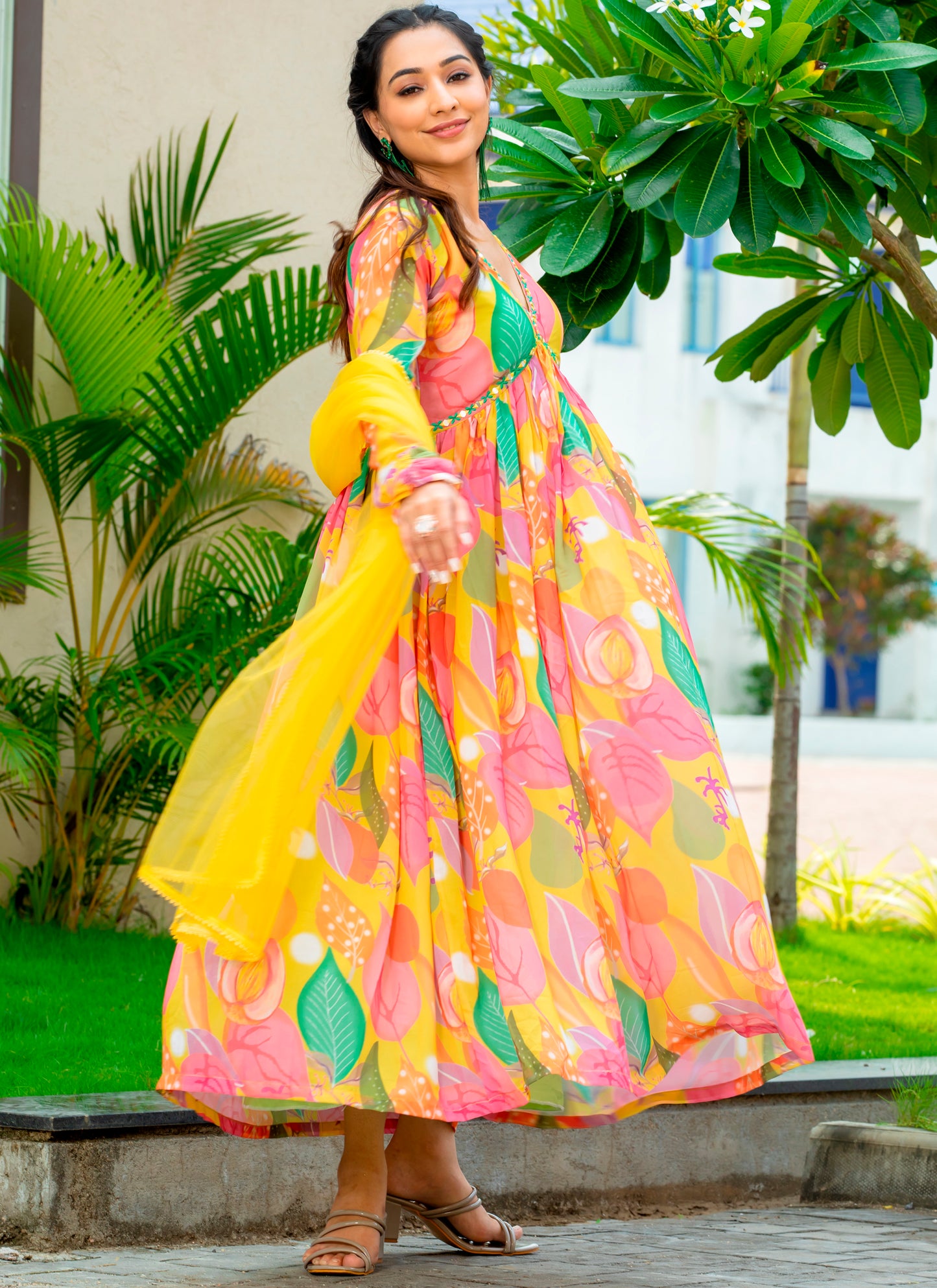 Printed yellow Gown With Dupatta