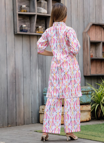 Geometric Print White Cotton Co-Ord Set