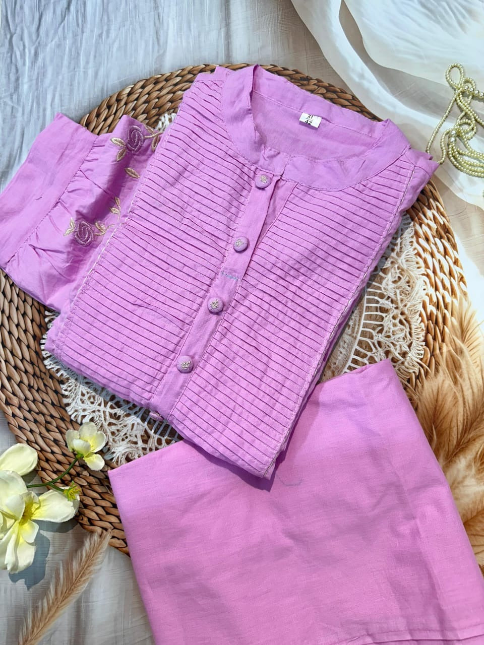 Fancy Baby Pink Cotton Kurti Pant With Embroidery