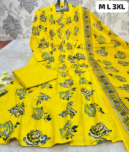 Designer Floral Print Yellow Kurta Pant & Dupatta