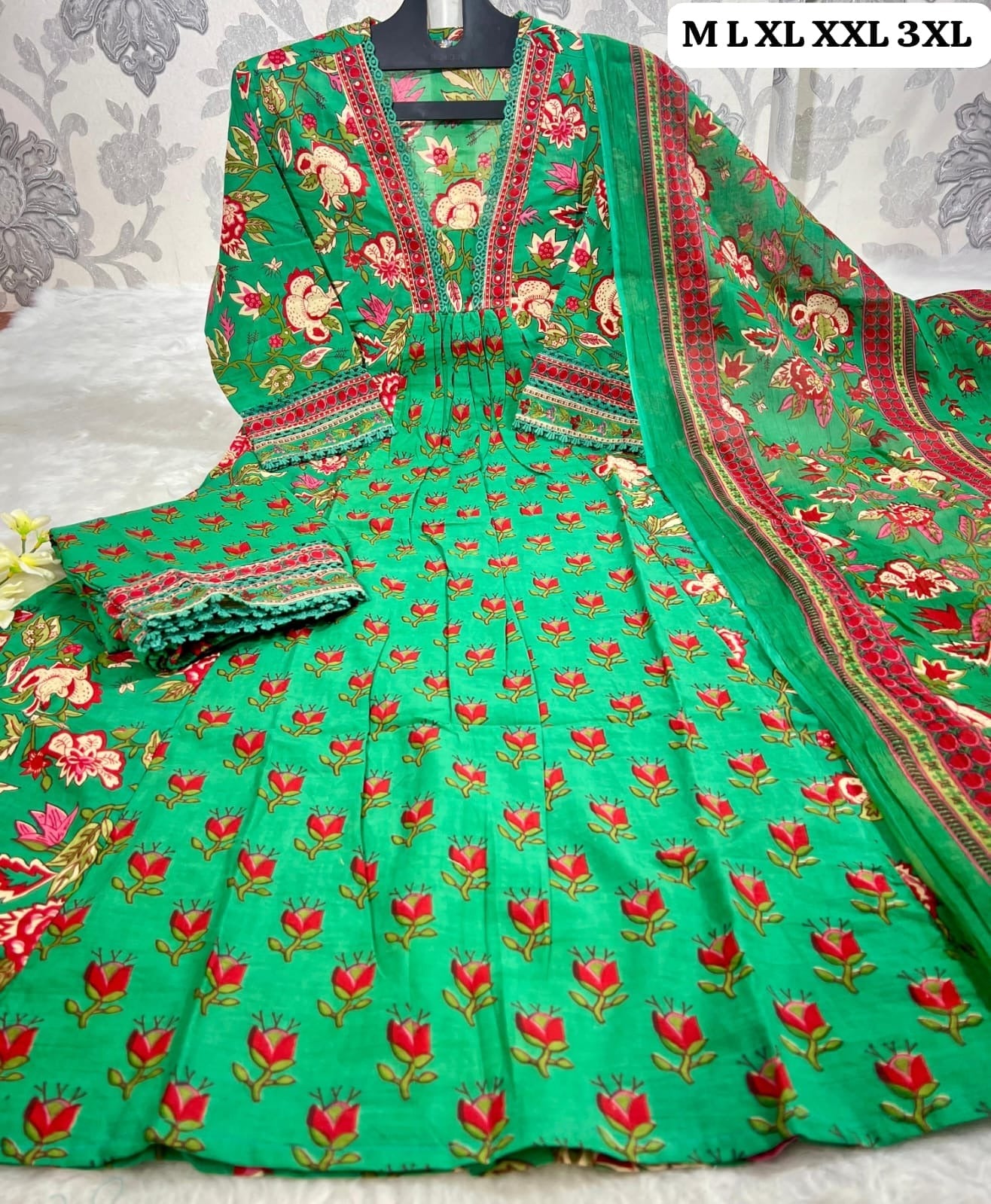 Stylish Heavy Cotton Anarkali Green Suit