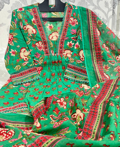 Stylish Heavy Cotton Anarkali Green Suit