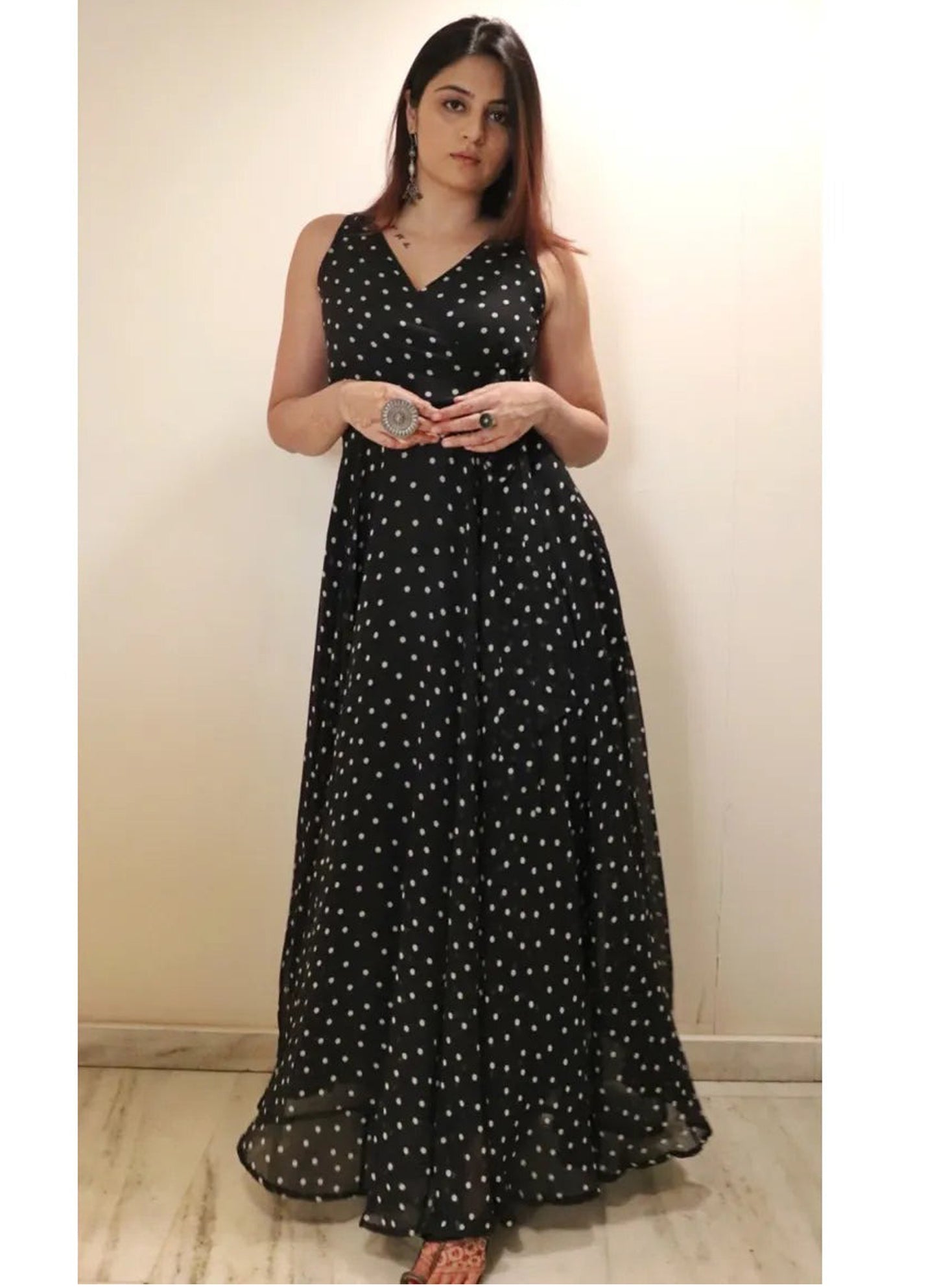 Black Dot Georgette Maxi Dress