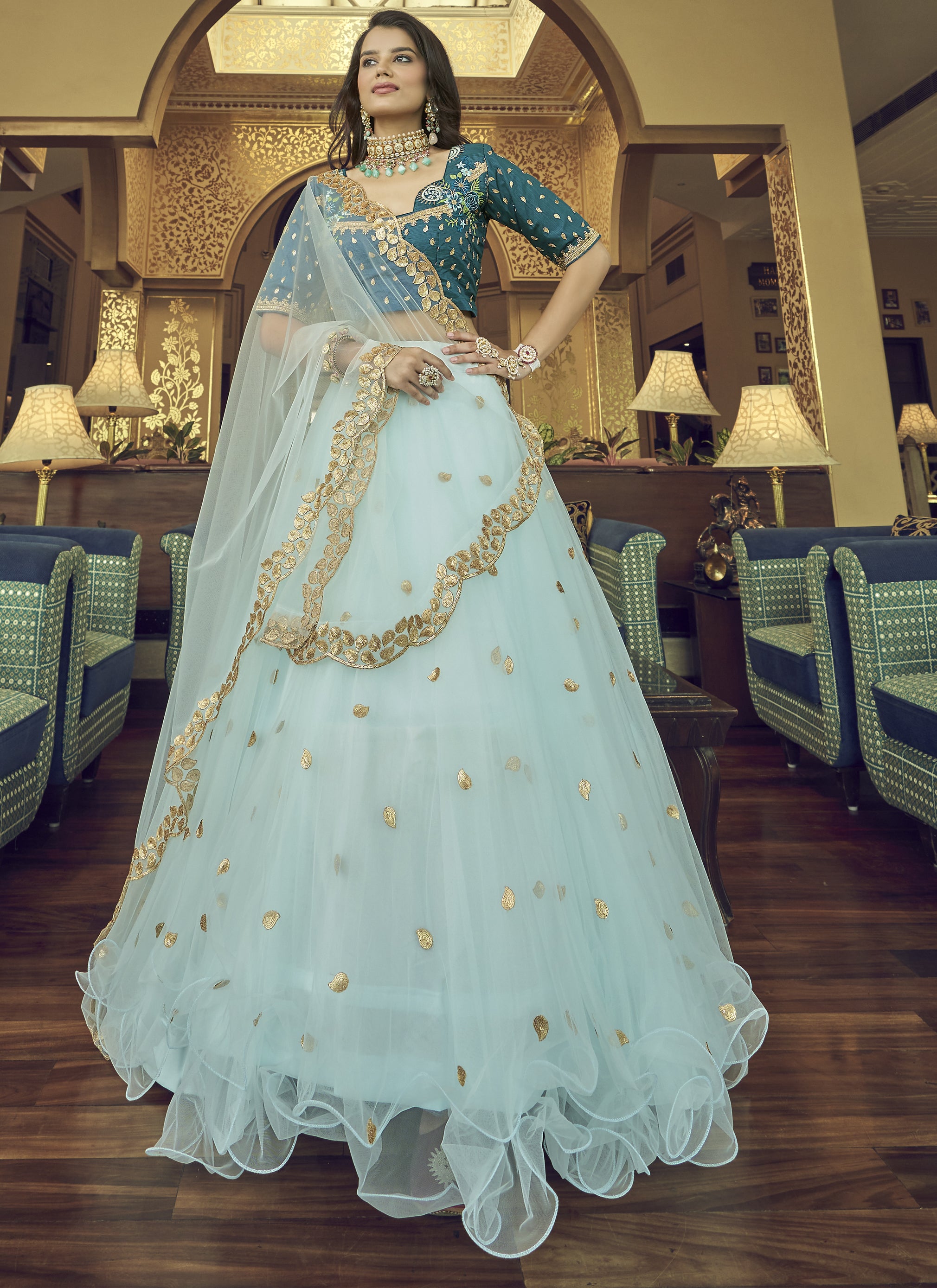 Buy Stunning Teal Blue Digital Print Organza Party Wear Lehenga Choli -  Zeel Clothing